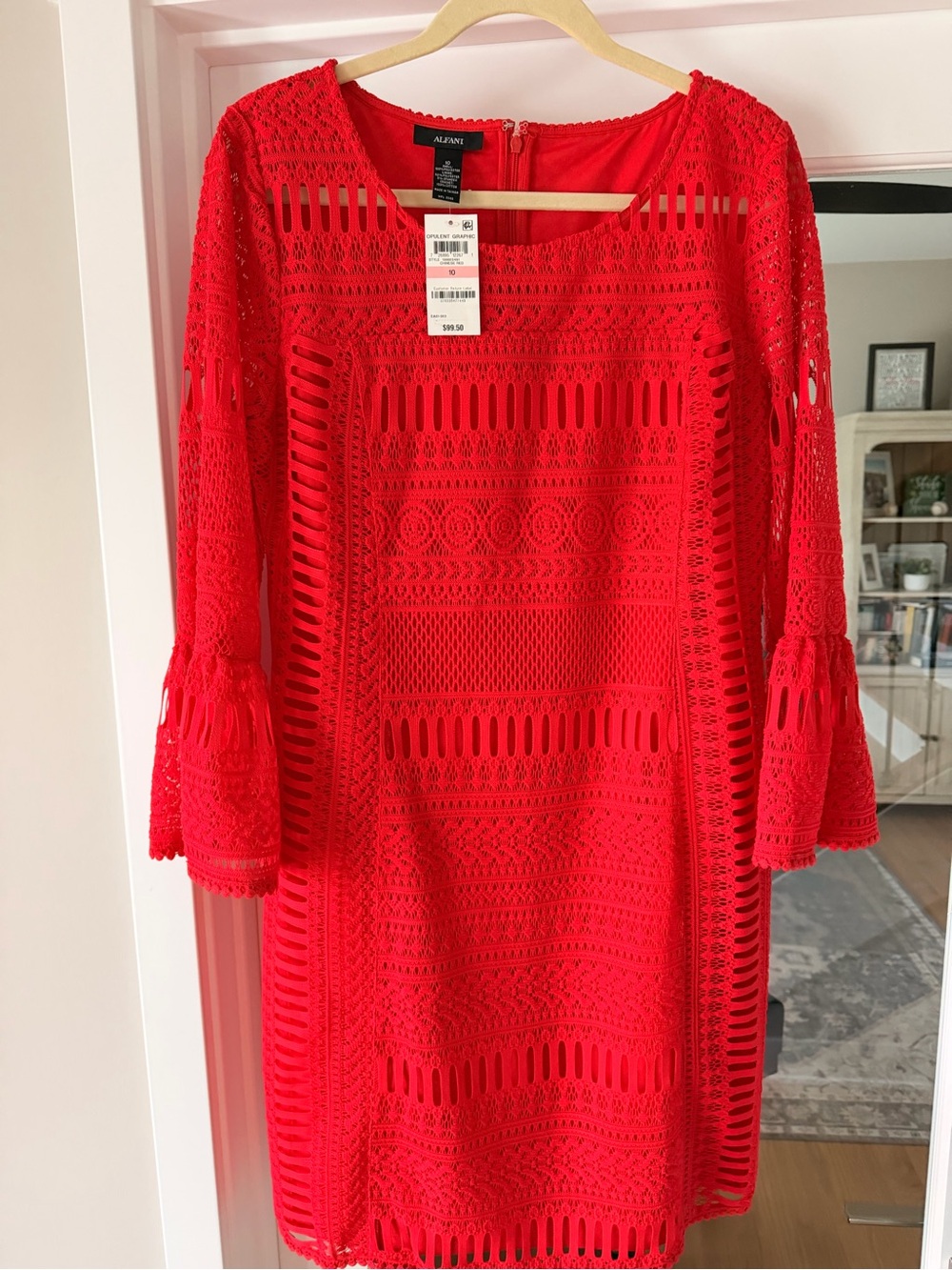 Alfani Red Crochet Lace Sheath Dress | Size 10 | NWT | Bell Sleeve